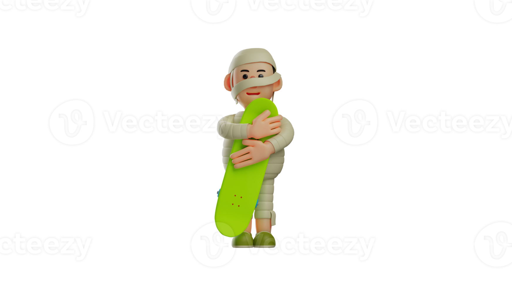 3D illustration. Mummy 3D Cartoon Character. Kind-hearted mummy hugs a green skateboard. Handsome mummy smiled gently. Mummy wants to go skateboarding asap. 3D cartoon character png