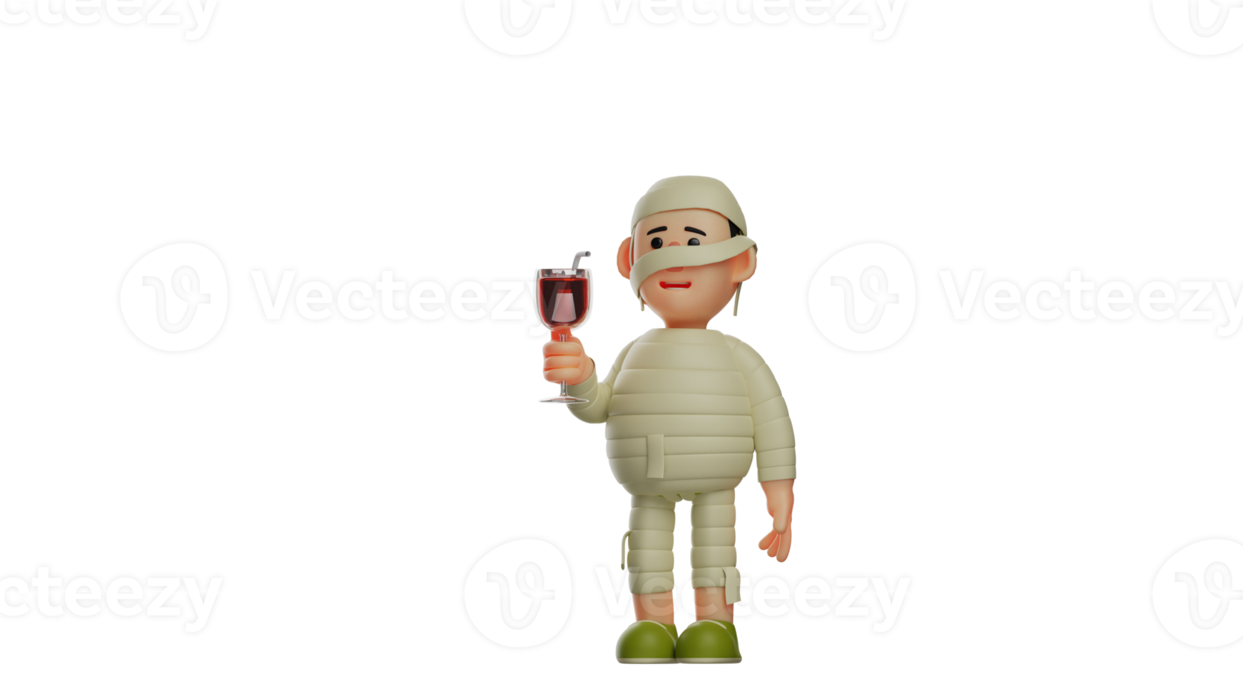 3D illustration. Naughty Mummy 3D Cartoon Character. Mummy brings a glass of wine. Boys are having a party in mummy costumes. Boys are having fun. 3D cartoon character png