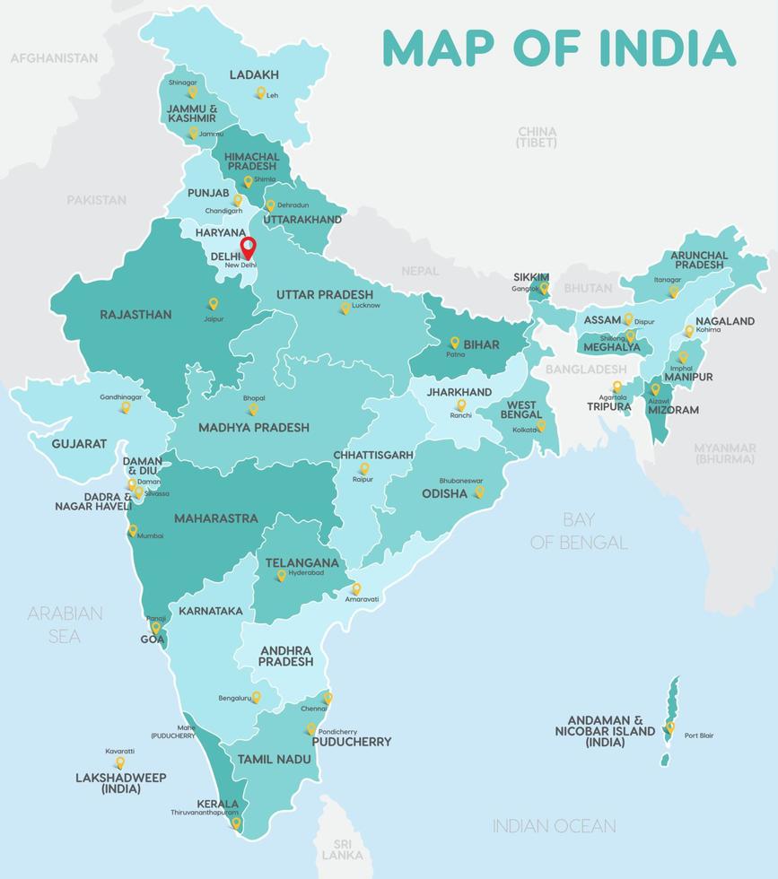 detallado mapa de India vector