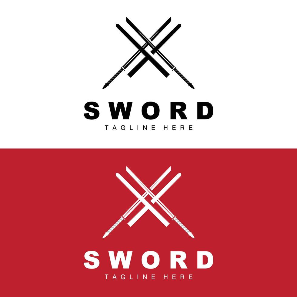 Sword Logo, Samurai Katana Monochrome Design, Vector War Weapon Cutting Tool Template Icon