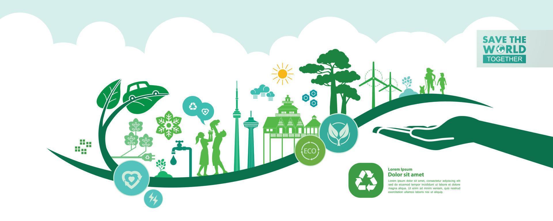 Save the world together green ecology vector illustration.