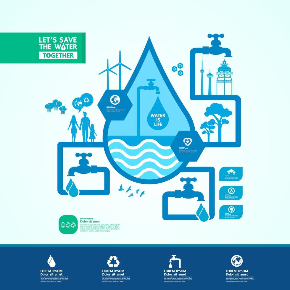 Save water together vector illustration.