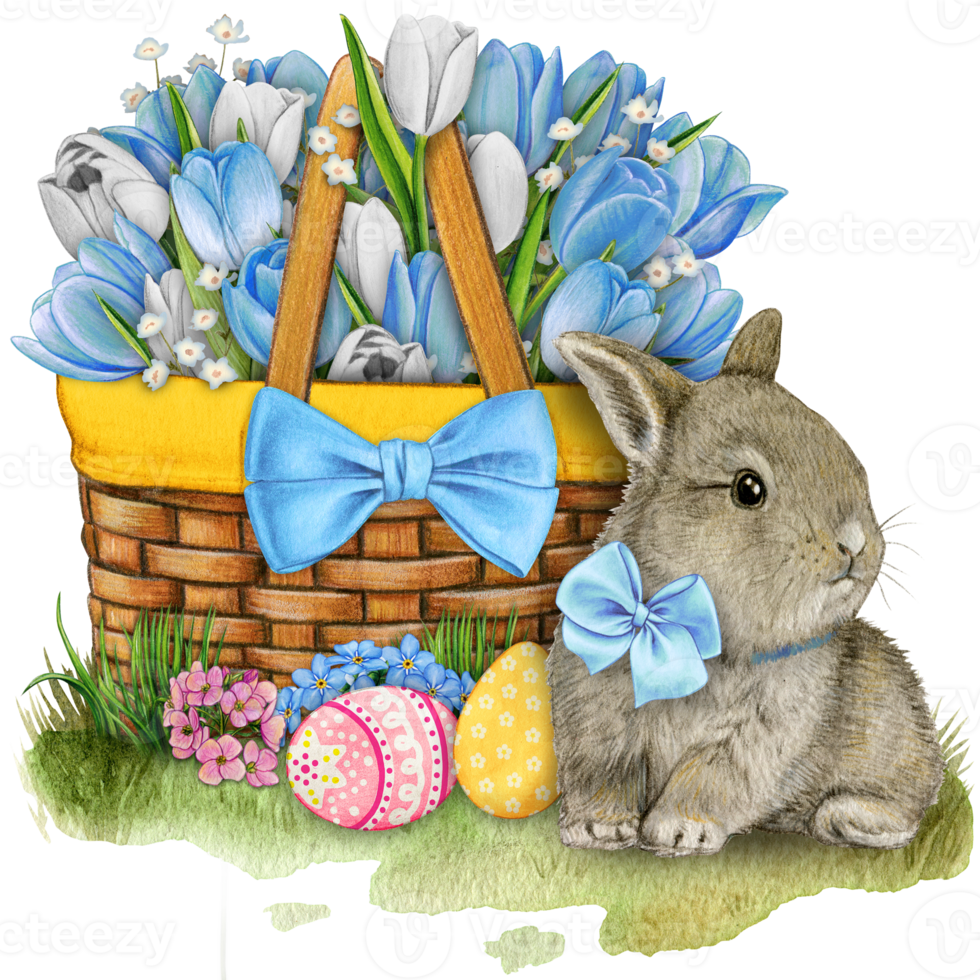 acuarela mano dibujado floral cesta con conejito y Pascua de Resurrección huevos png