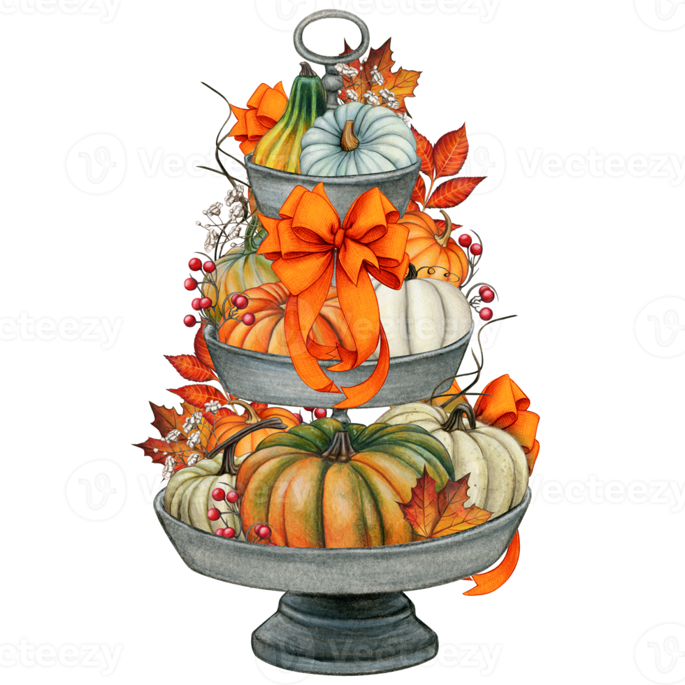 Watercolor hand drawn fall decorated tiered tray png