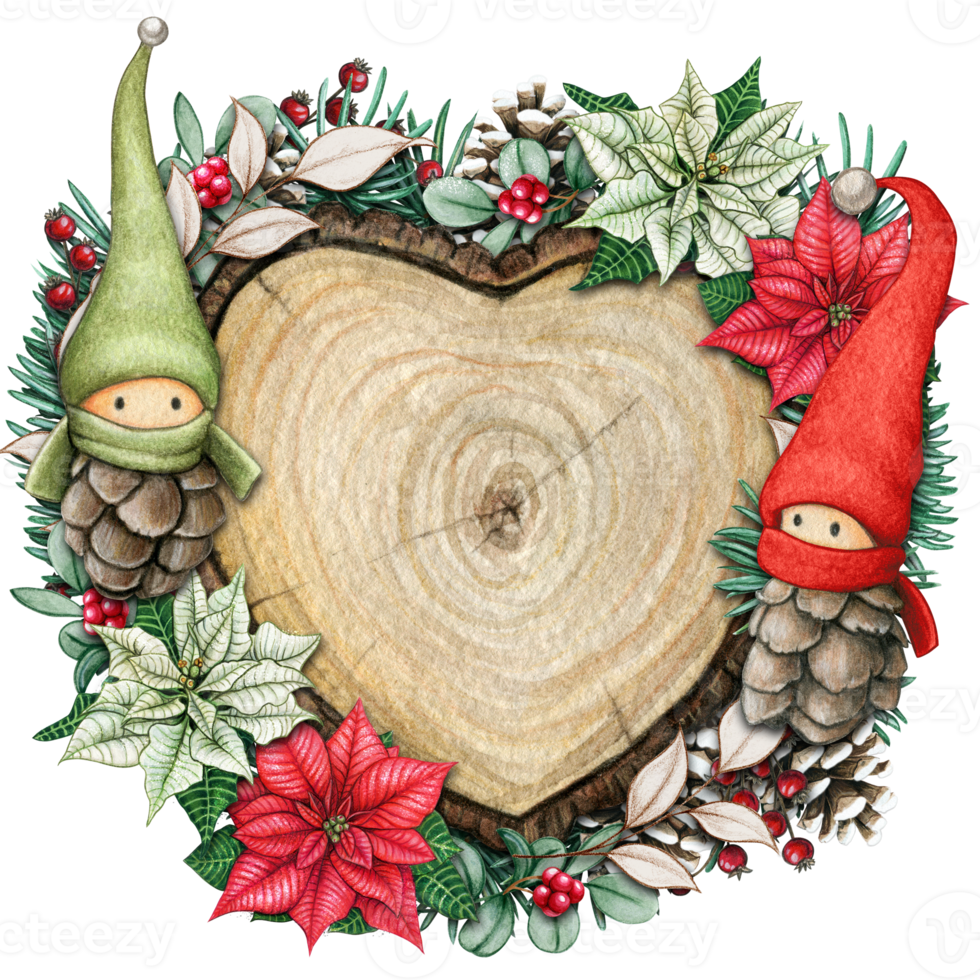 watercolor hand drawn wooden heart slice with elves, pinecones and pine branches png