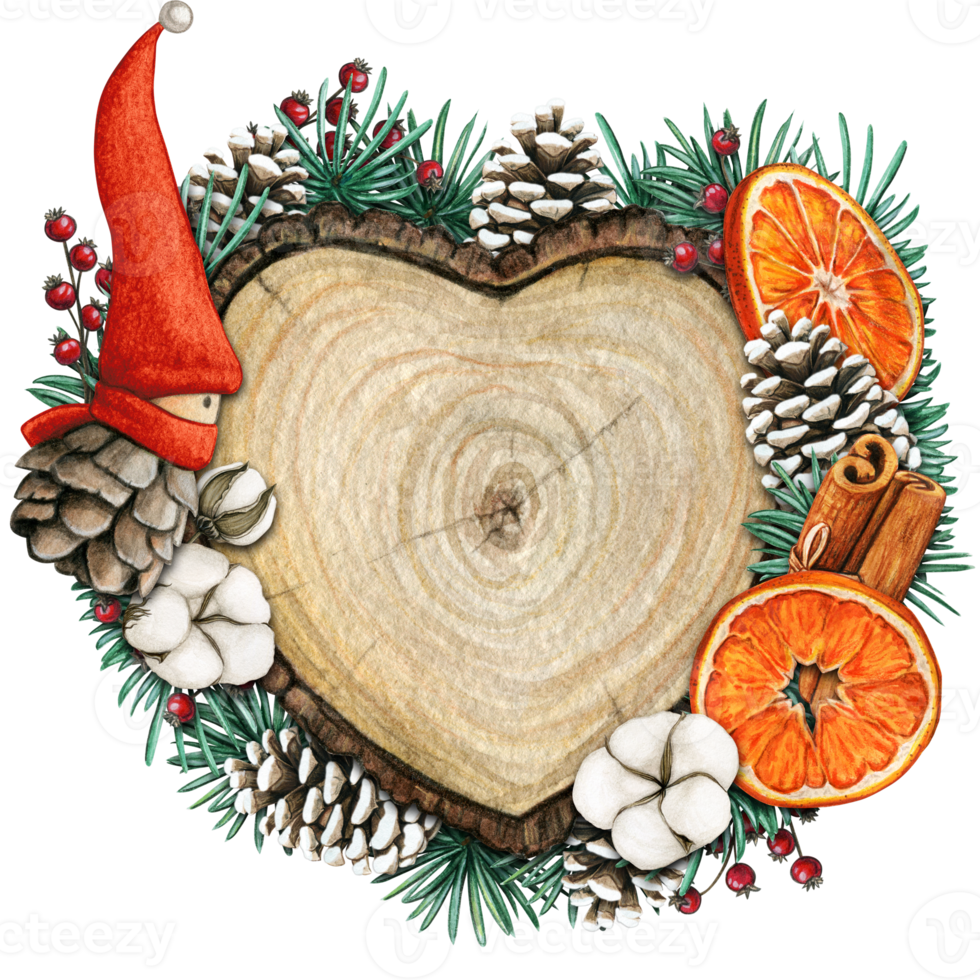 watercolor hand drawn wooden heart slice with elves, pinecones and pine branches png