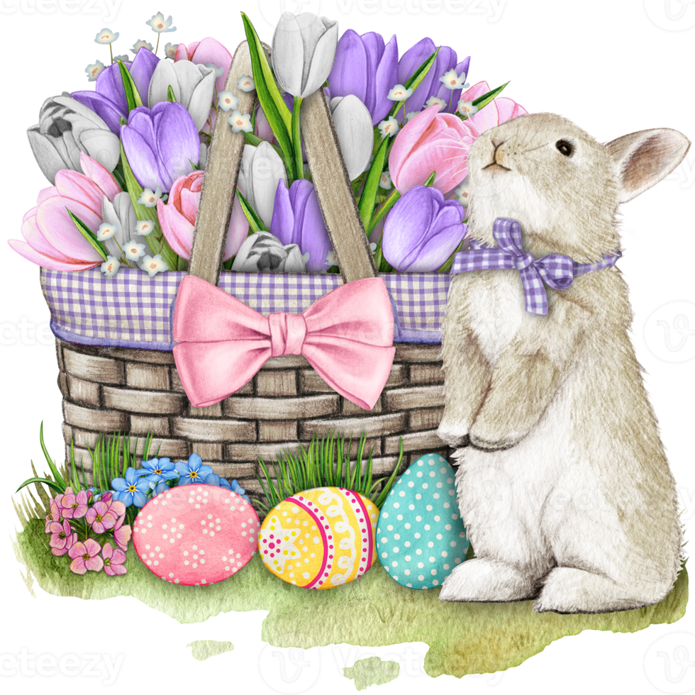 watercolor hand drawn floral basket with bunny and easter eggs png