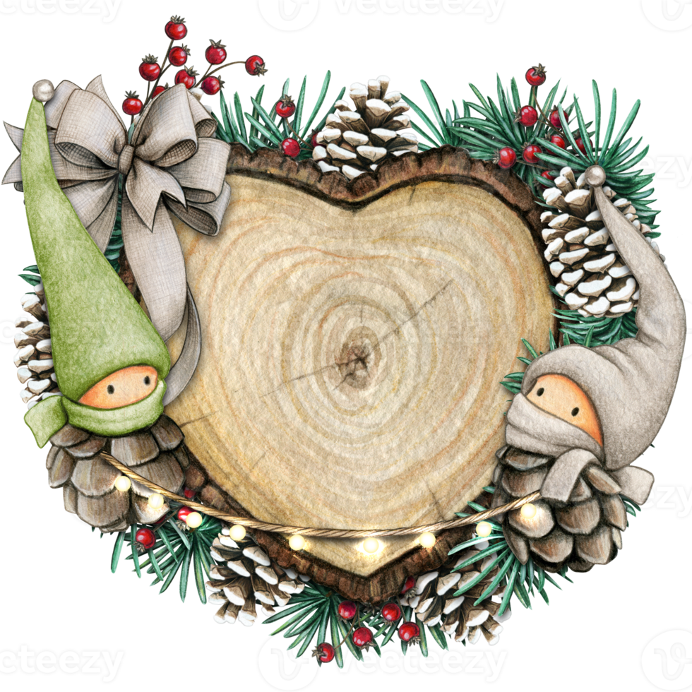 watercolor hand drawn wooden heart slice with elves, pinecones and pine branches png