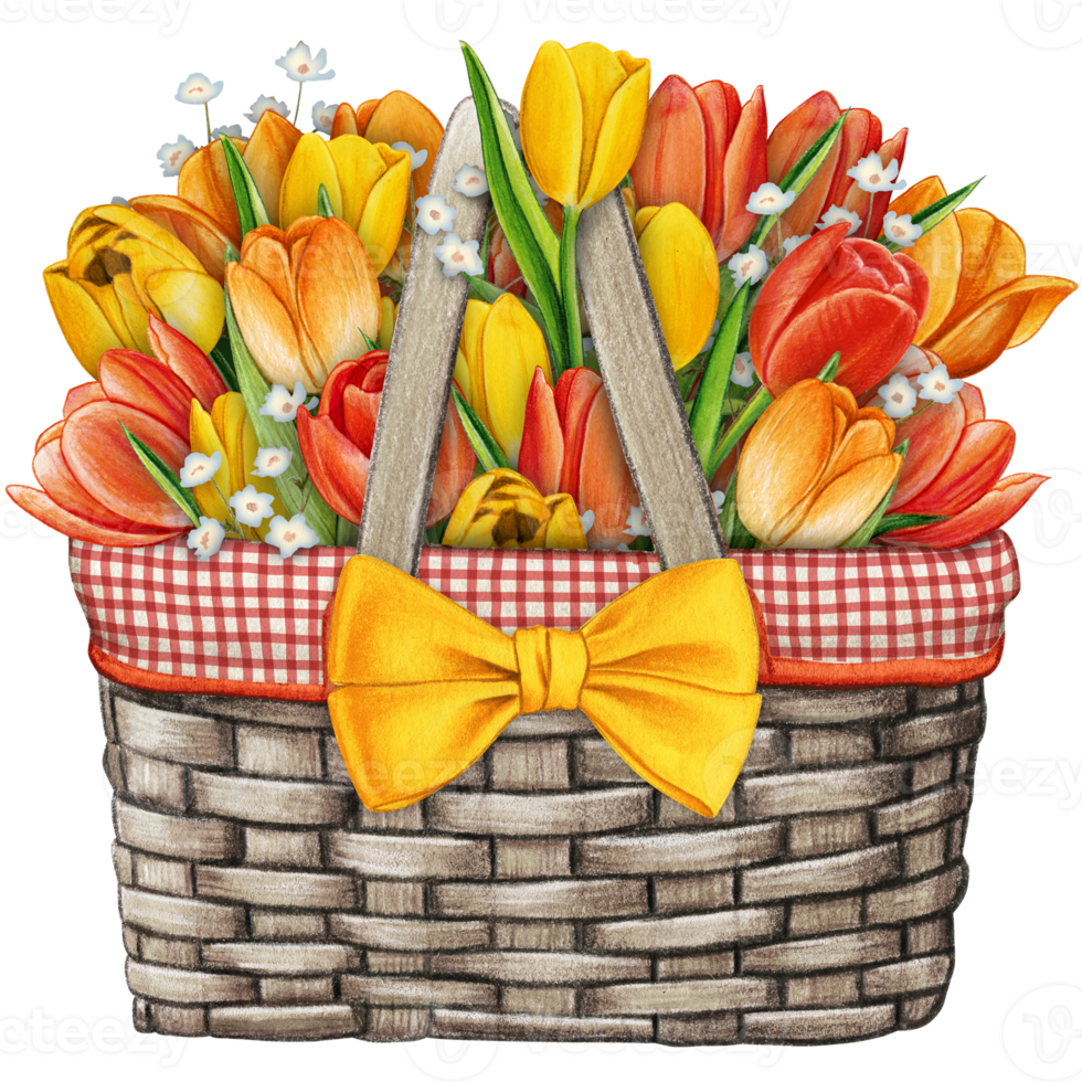 watercolor basket with floral bouquet png