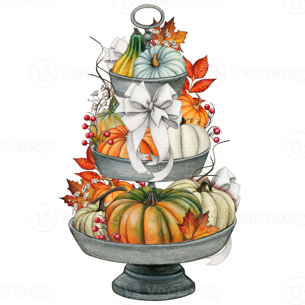Watercolor hand drawn fall decorated tiered tray png