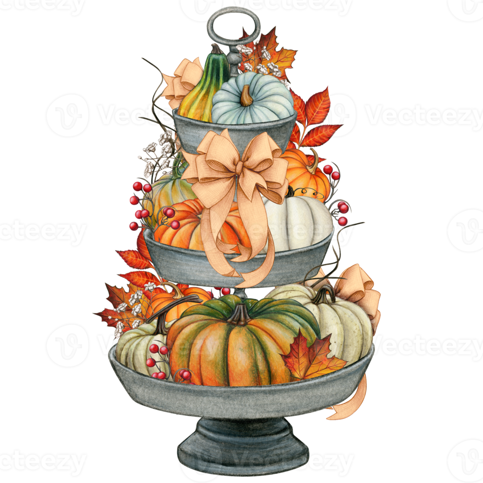 Watercolor hand drawn fall decorated tiered tray png