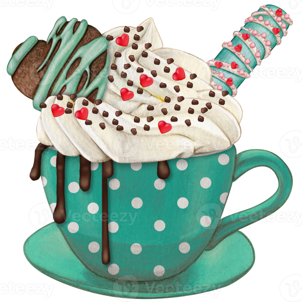 Watercolor hand drawn dotted chocolate cup with cream and cookies png