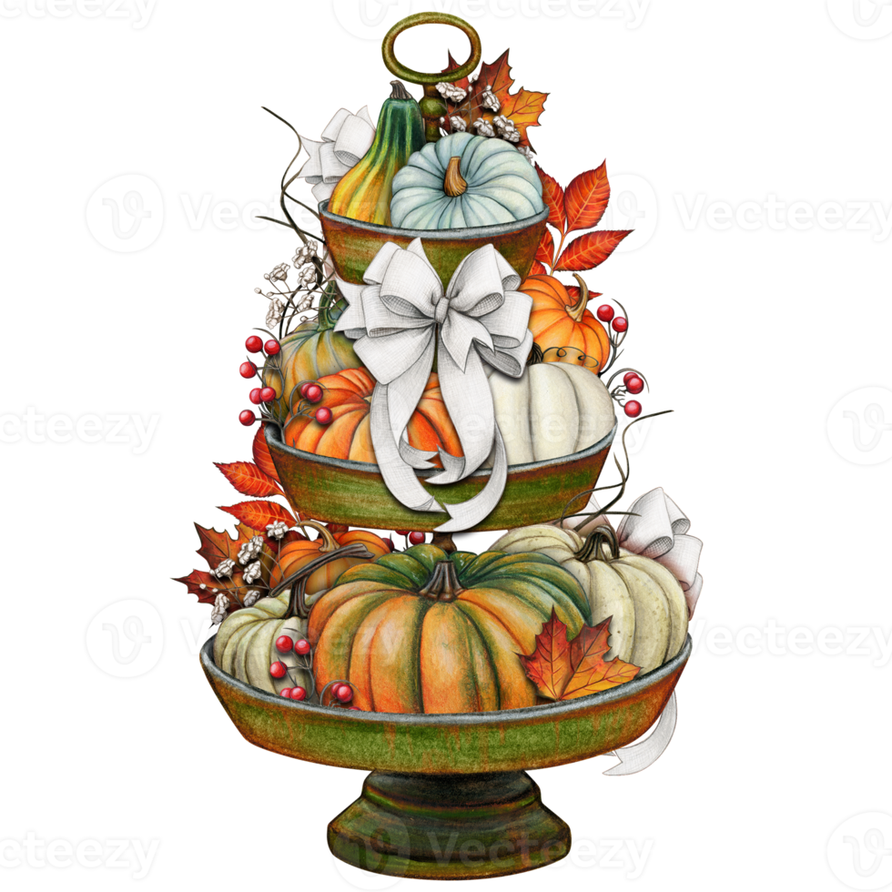 Watercolor hand drawn fall decorated tiered tray png