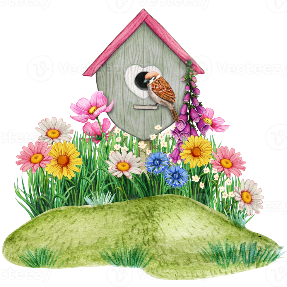 Aquarell Frühling Vogelhaus mit Blumen und Spatz png