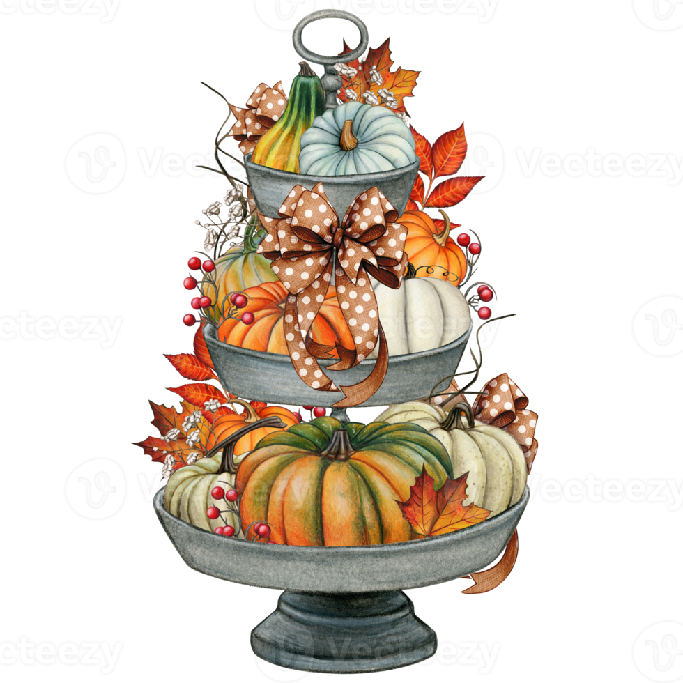 Watercolor hand drawn fall decorated tiered tray png