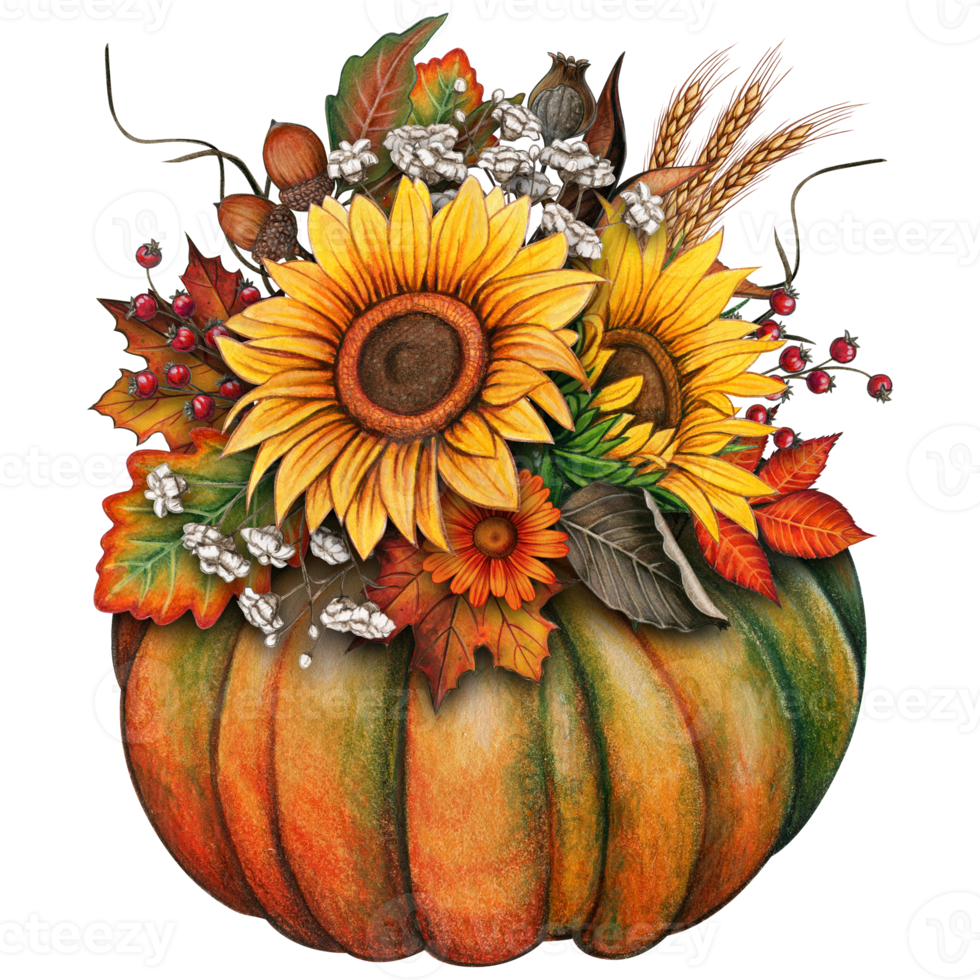 watercolor fall composition with pumpkin, sunflowers, dry herbs png