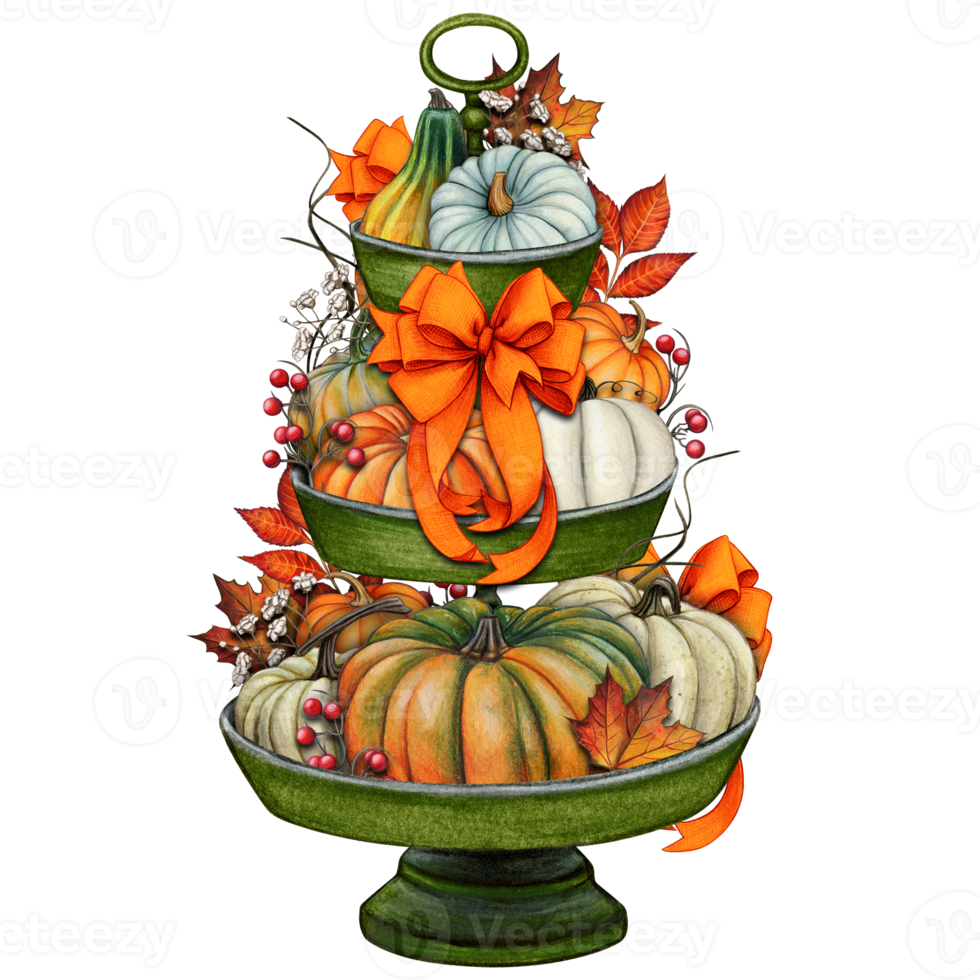 Watercolor hand drawn fall decorated tiered tray png