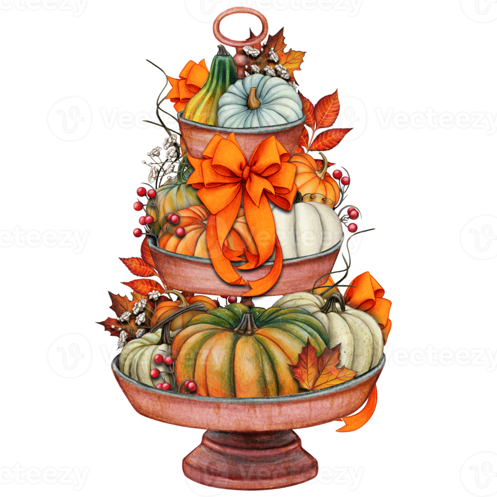 Watercolor hand drawn fall decorated tiered tray png