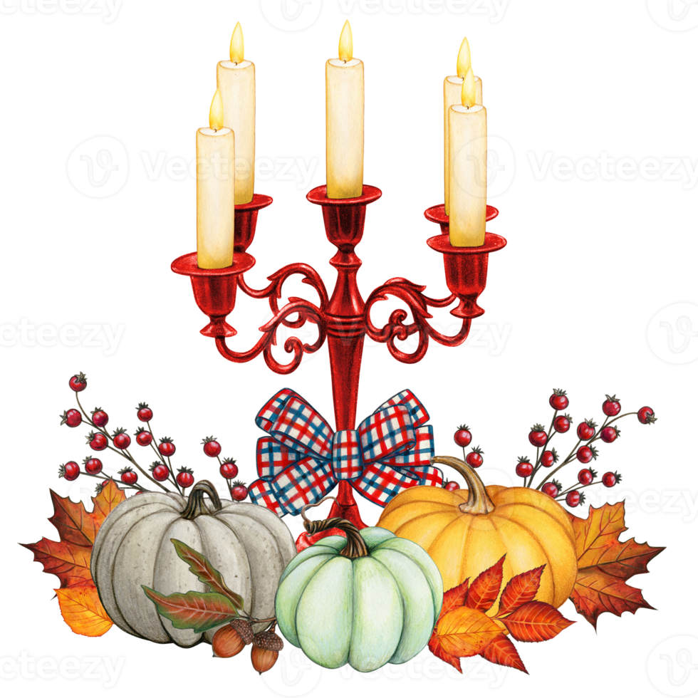 Watercolor hand drawn gothic candle holder with pumpkins png