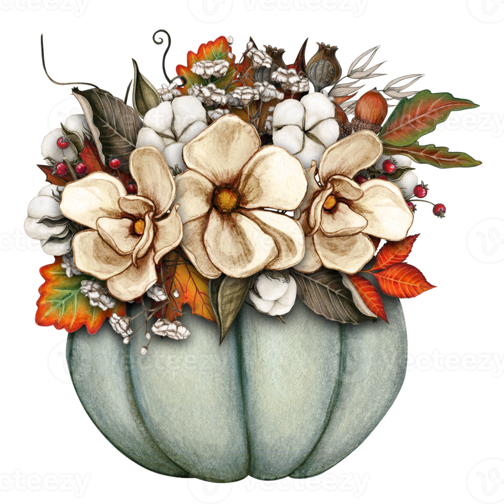 watercolor fall composition with pumpkin, sunflowers, dry herbs png