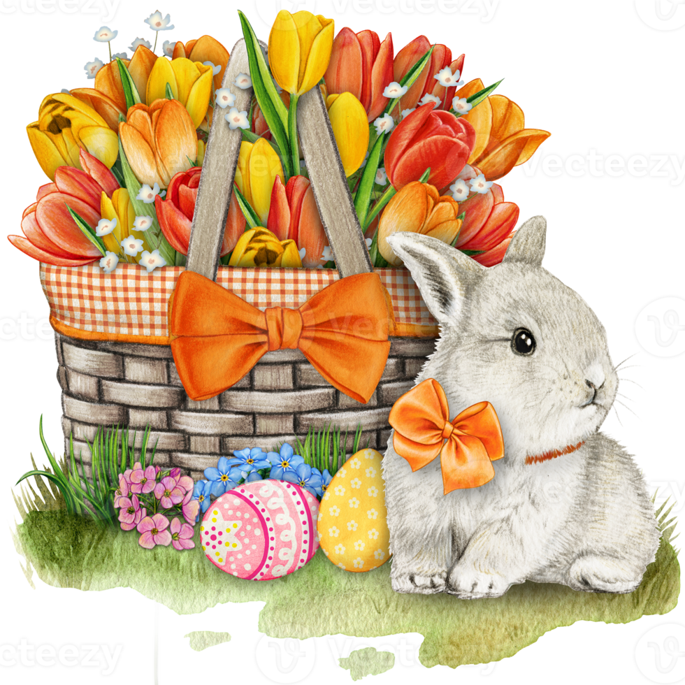 watercolor hand drawn floral basket with bunny and easter eggs png