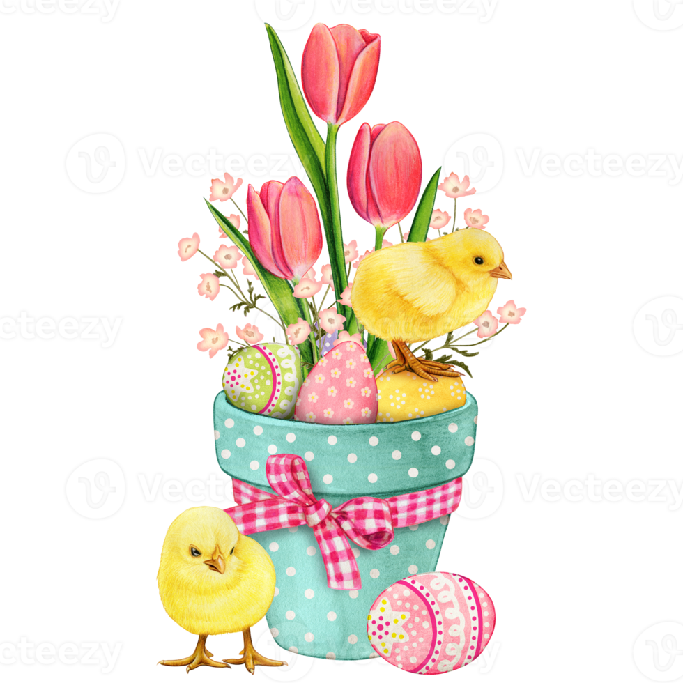Watercolor cute easter vase with tulips chickens and colorful eggs png
