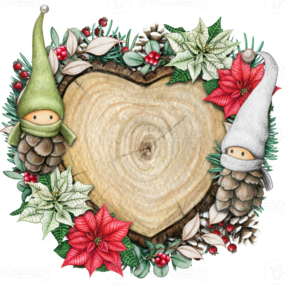 watercolor hand drawn wooden heart slice with elves, pinecones and pine branches png