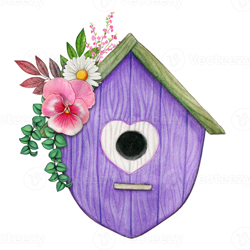 Watercolor cute purple birdhouse with pansies and wild flowers png
