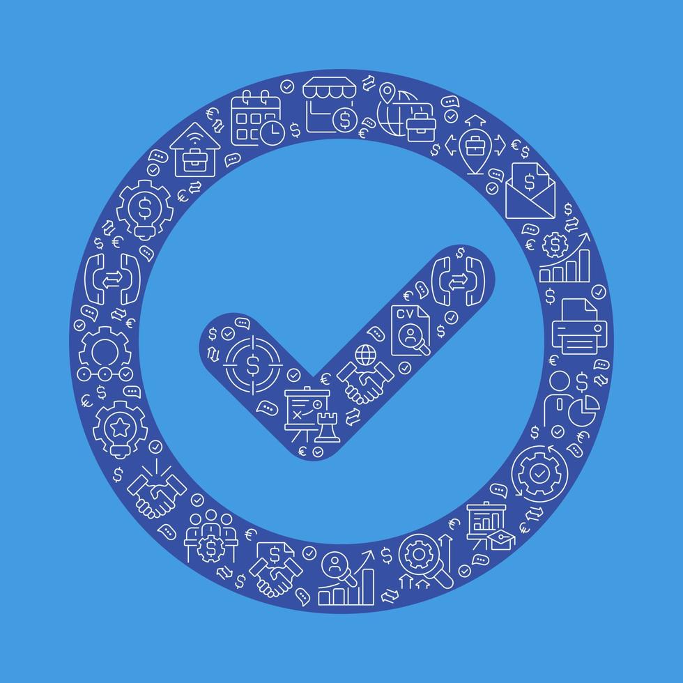 Tick in circle pixel perfect shaped concept filled with editable linear icons. Management and organization. Simple thin line symbols composition on blue background. Vector outline drawing