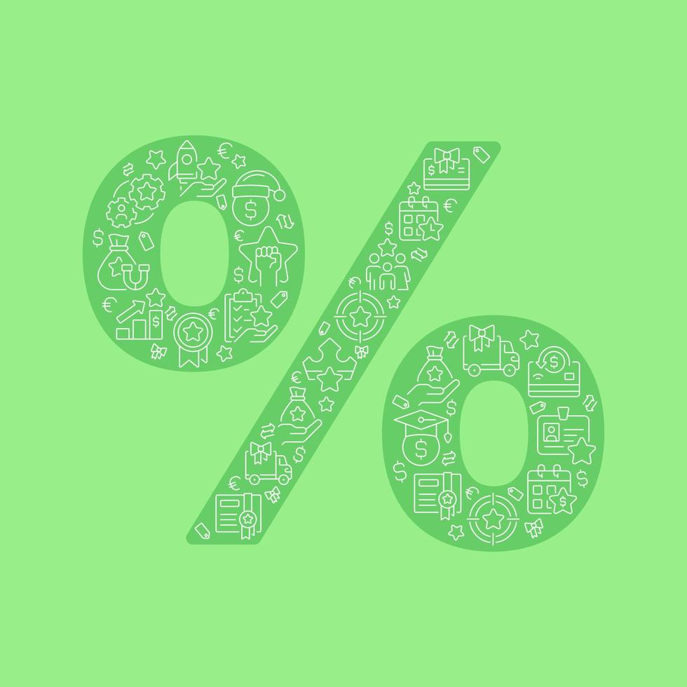 Discount pixel perfect shaped concept filled with editable linear icons. Special offer price. Shopping. Store sale. Simple thin line symbols composition on green background. Vector outline drawing