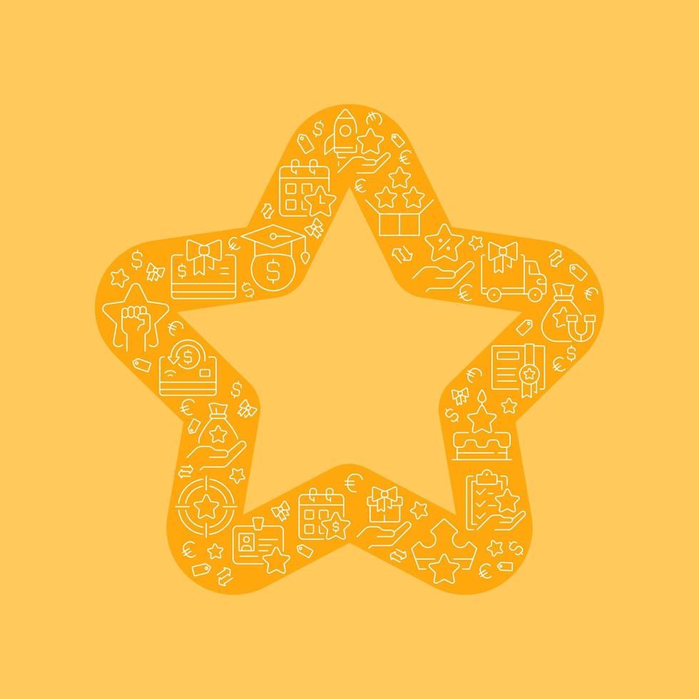 Star pixel perfect shaped concept filled with editable linear icons. Special offer. Product and service quality. Simple thin line symbols composition on orange background. Vector outline drawing