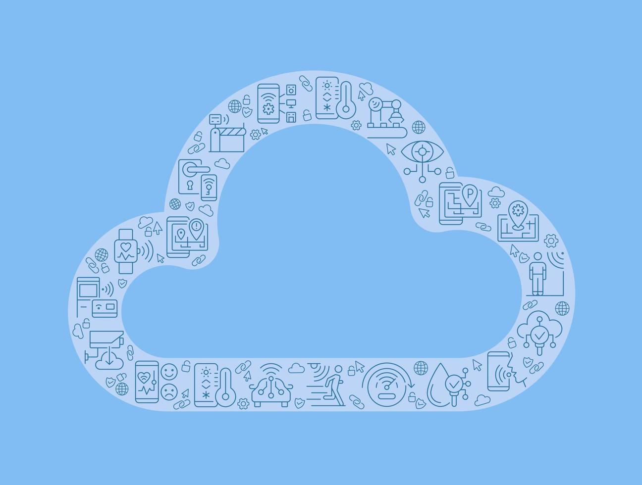 Cloud pixel perfect shaped concept filled with editable linear icons. Internet of things. Technology and innovation. Simple thin line symbols composition on blue background. Vector outline drawing