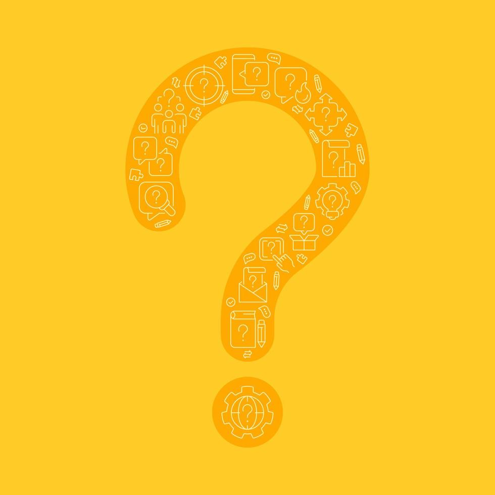 Question mark pixel perfect shaped concept filled with editable linear icons. Uncertainty and doubt. Simple thin line symbols composition on orange background. Vector outline drawing
