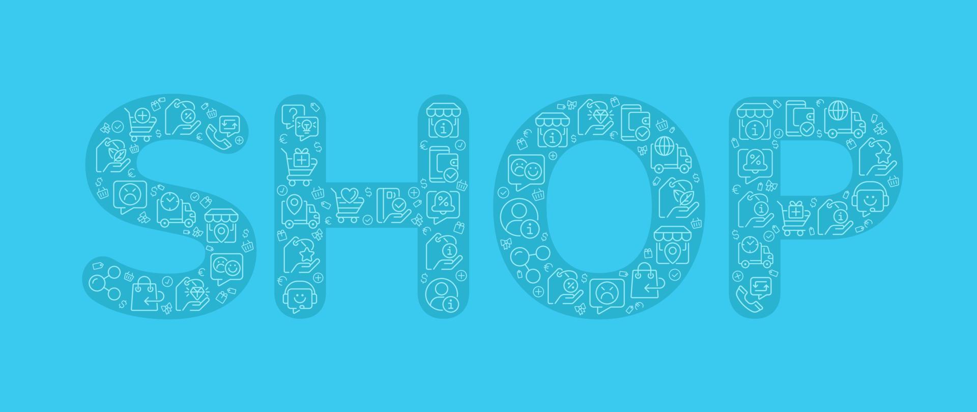 Shop pixel perfect shaped concept filled with editable linear icons. Ecommerce. Buying goods and service. Simple thin line symbols composition on blue background. Vector outline drawing