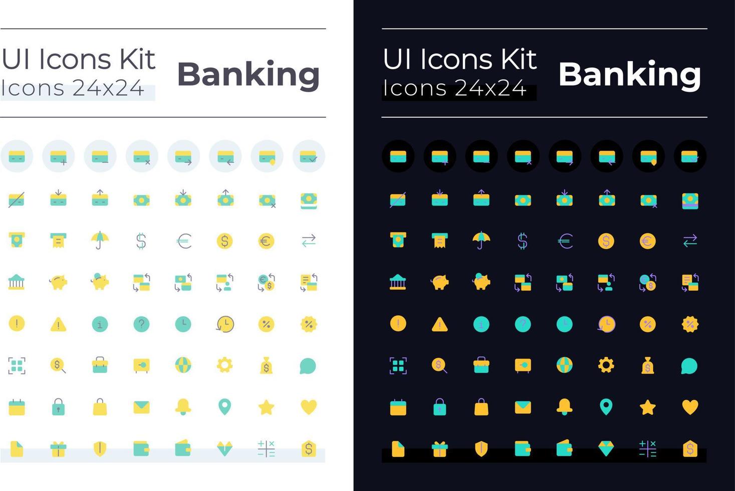 Banking flat color ui icons set for dark, light mode. Money transactions and operations. GUI, UX design for mobile app. Vector isolated RGB pictograms