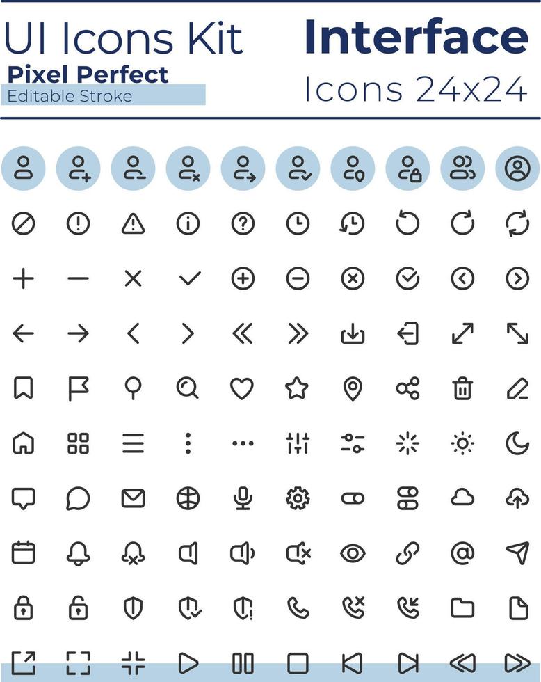 Comprehensible and simple looking pixel perfect linear ui icons set. System settings. Music player. Outline isolated user interface elements. Editable stroke vector