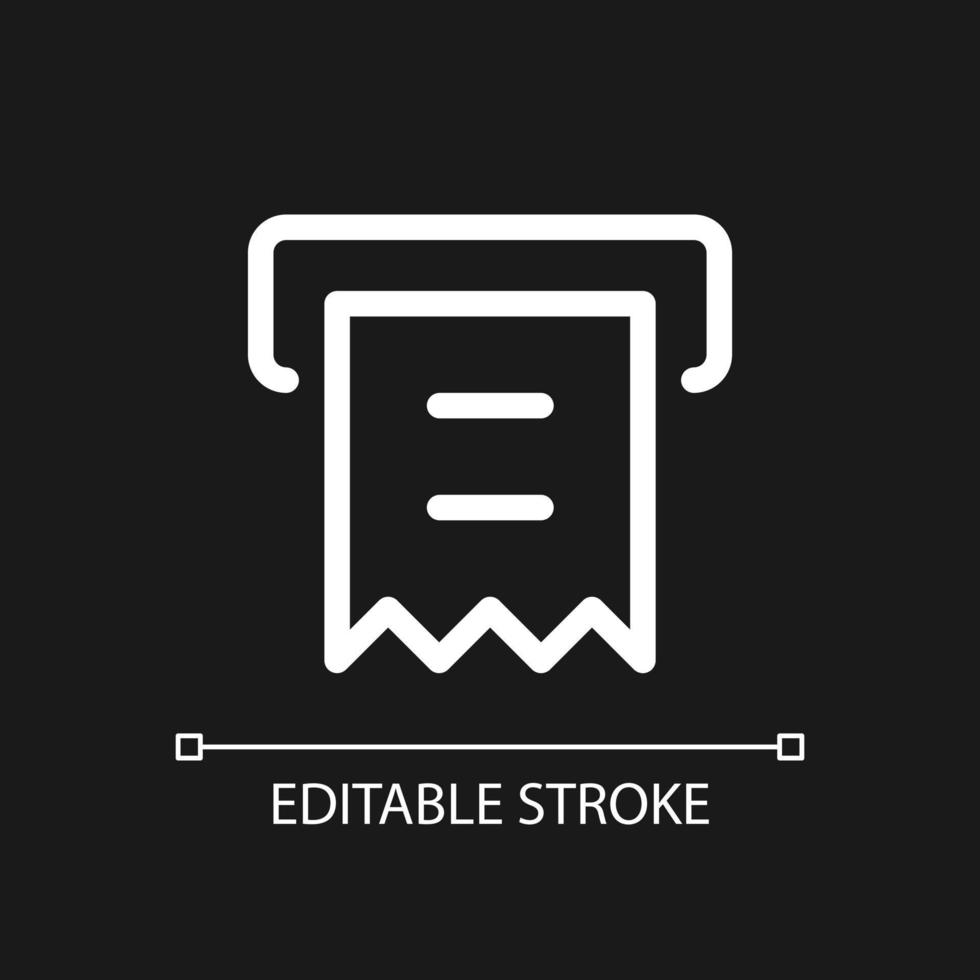 Receipt printer pixel perfect white linear ui icon for dark theme. Automated teller machine. Vector line pictogram. Isolated user interface symbol for night mode. Editable stroke