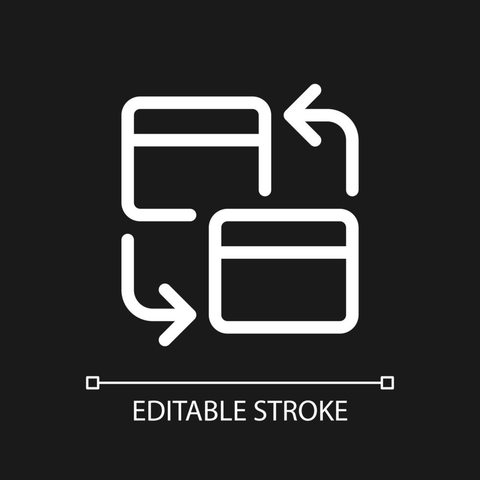 Intra bank transfer pixel perfect white linear ui icon for dark theme. Credit and payment card. Vector line pictogram. Isolated user interface symbol for night mode. Editable stroke