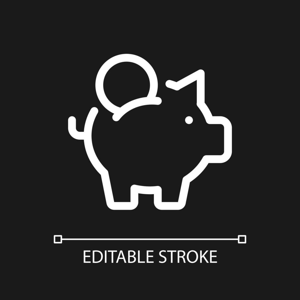Put coin into piggy bank pixel perfect white linear ui icon for dark theme. Save money. Vector line pictogram. Isolated user interface symbol for night mode. Editable stroke
