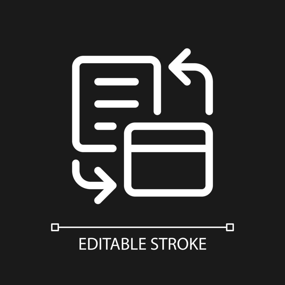 Bank account statement pixel perfect white linear ui icon for dark theme. Card transactions. Vector line pictogram. Isolated user interface symbol for night mode. Editable stroke