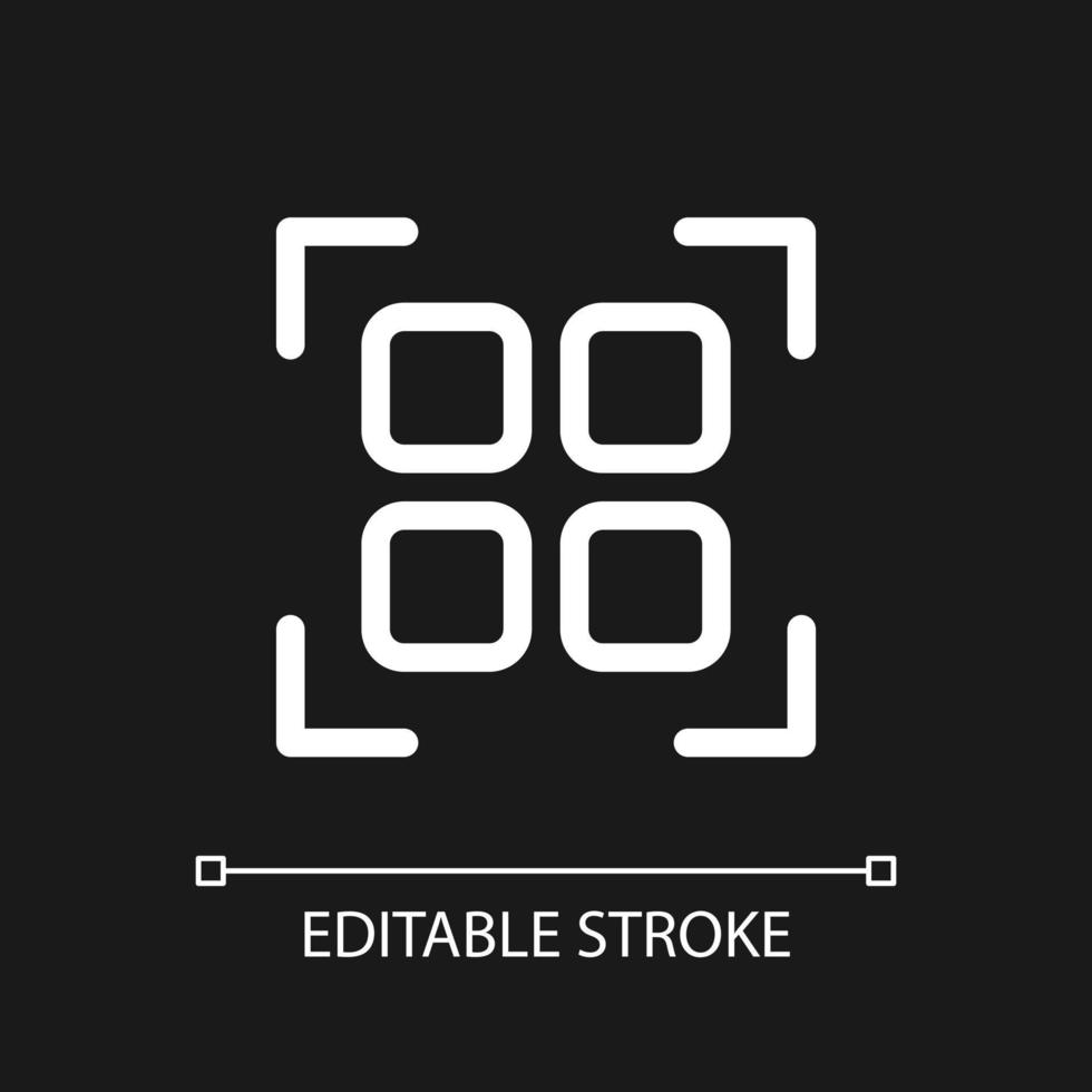 Scan qr code pixel perfect white linear ui icon for dark theme. Decode digital information. Vector line pictogram. Isolated user interface symbol for night mode. Editable stroke