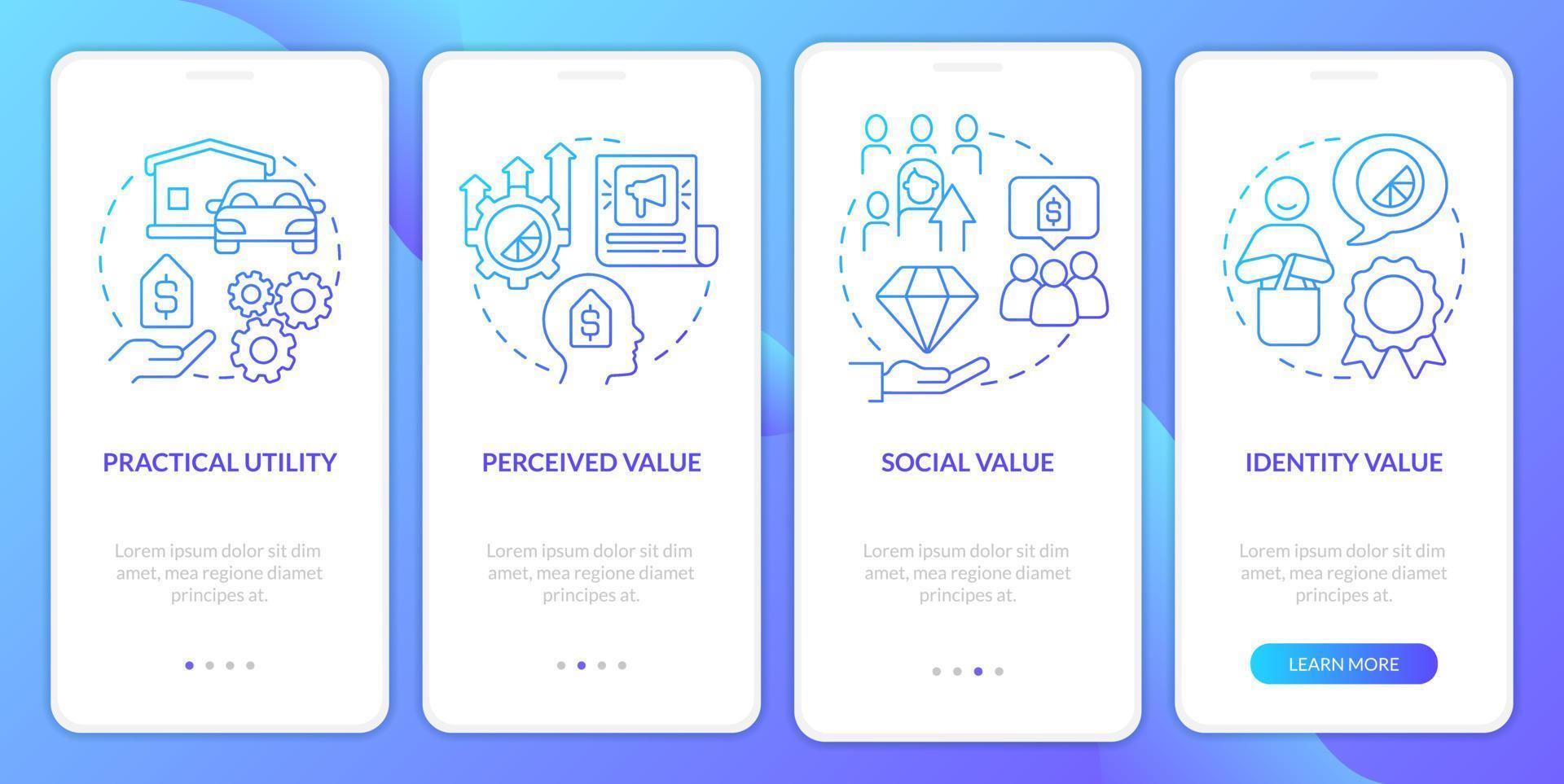 Product values blue gradient onboarding mobile app screen. Business walkthrough 4 steps graphic instructions with linear concepts. UI, UX, GUI template vector