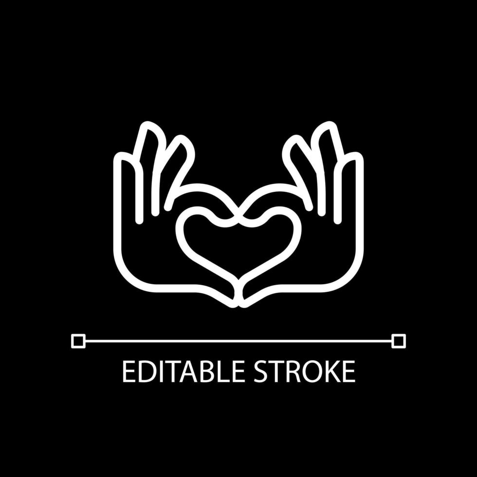 Hands heart gesture pixel perfect white linear icon for dark theme. Showing affection and love. Romance. Thin line illustration. Isolated symbol for night mode. Editable stroke vector