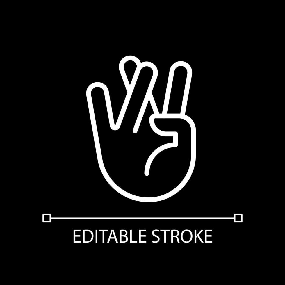 Praying for good luck pixel perfect white linear icon for dark theme. Crossed ring and middle fingers. Thin line illustration. Isolated symbol for night mode. Editable stroke vector