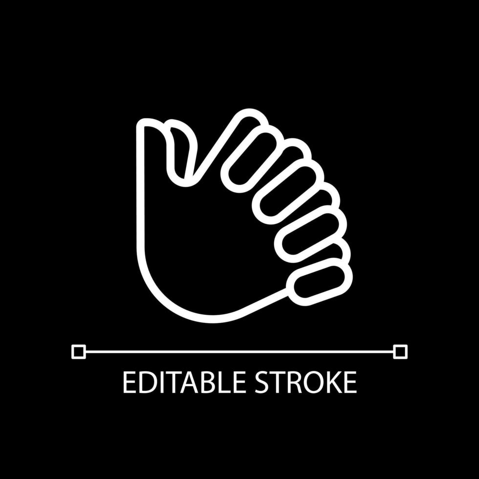 Clasped hands pixel perfect white linear icon for dark theme. Crossed fingers. Body language signal. Thin line illustration. Isolated symbol for night mode. Editable stroke vector