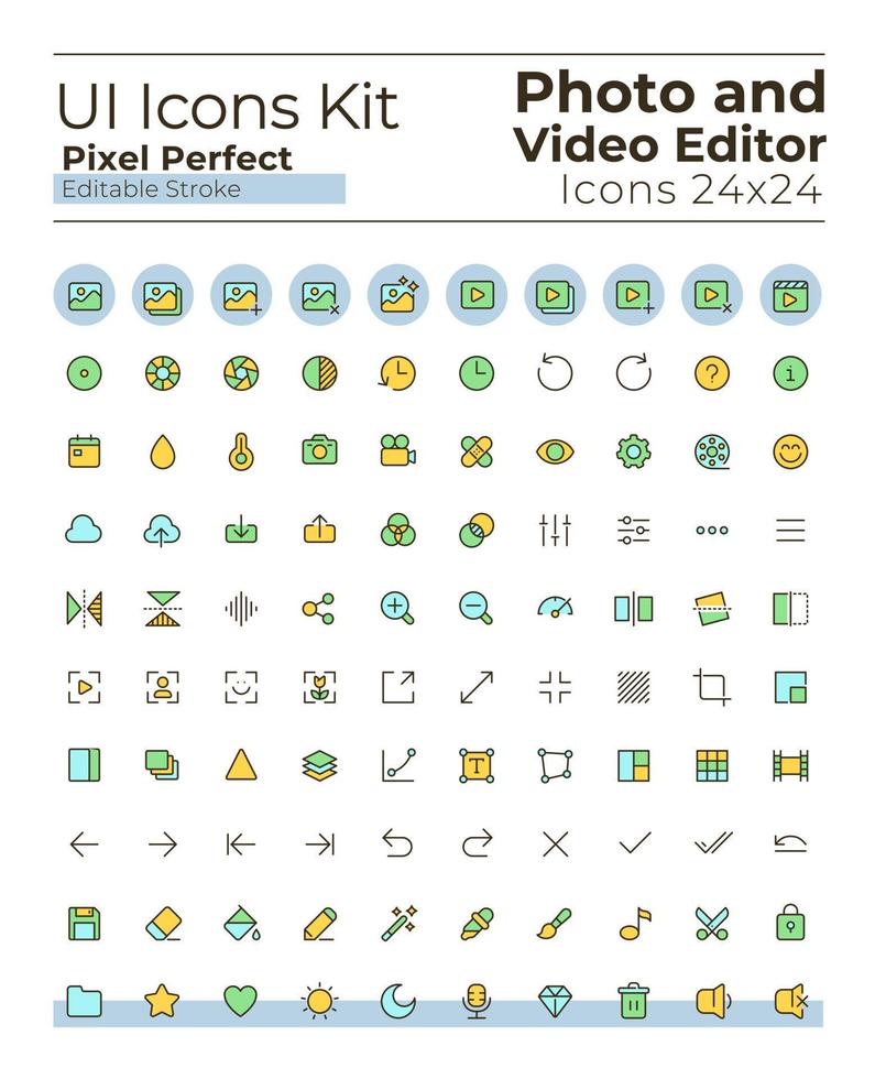 Photo and video editor tools pixel perfect RGB color ui icons set. Digital program. GUI, UX design for mobile app. Vector isolated pictograms. Editable stroke