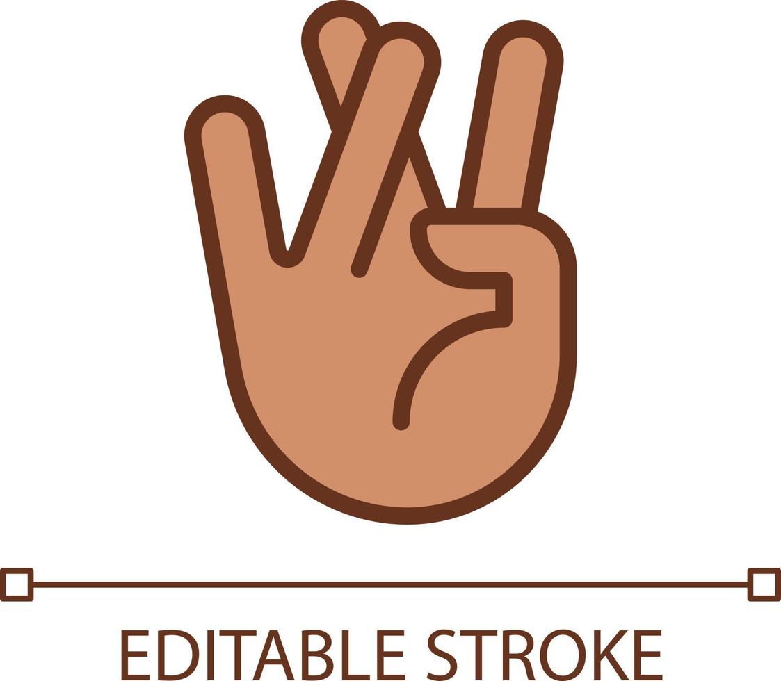 Praying for good luck pixel perfect RGB color icon. Crossed ring and middle fingers. Hand gesture. Isolated vector illustration. Simple filled line drawing. Editable stroke