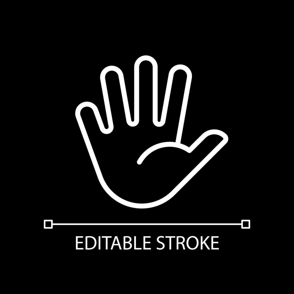 Hand with splayed fingers pixel perfect white linear icon for dark theme. Communication. Body language. Thin line illustration. Isolated symbol for night mode. Editable stroke vector