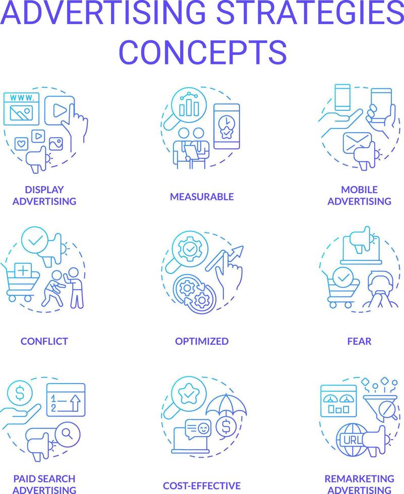 Advertising strategies blue gradient concept icons set. Marketing campaign idea thin line color illustrations. Mobile and display ads. Isolated symbols vector