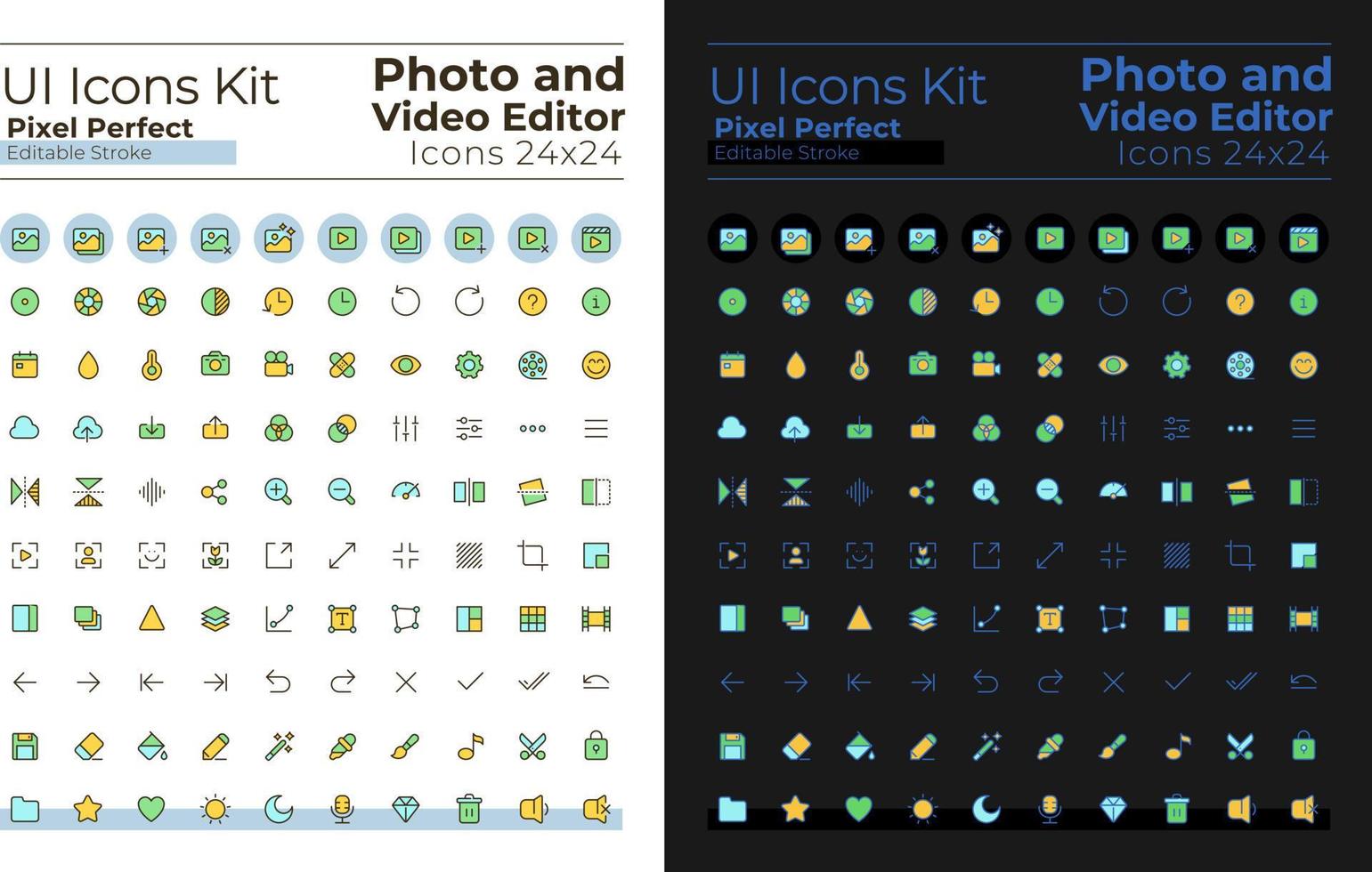 Photo and video editor pixel perfect RGB color ui icons set for dark, light mode. GUI, UX design for mobile app. Vector isolated pictograms. Editable stroke